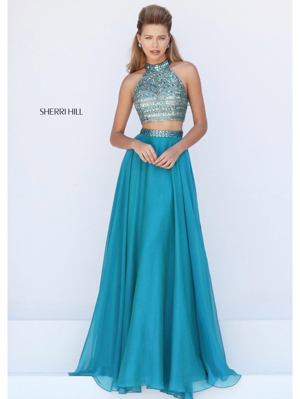 NWT $650 Sherri Hill Teal Jade Beaded Halter Two-Piece Prom Gown